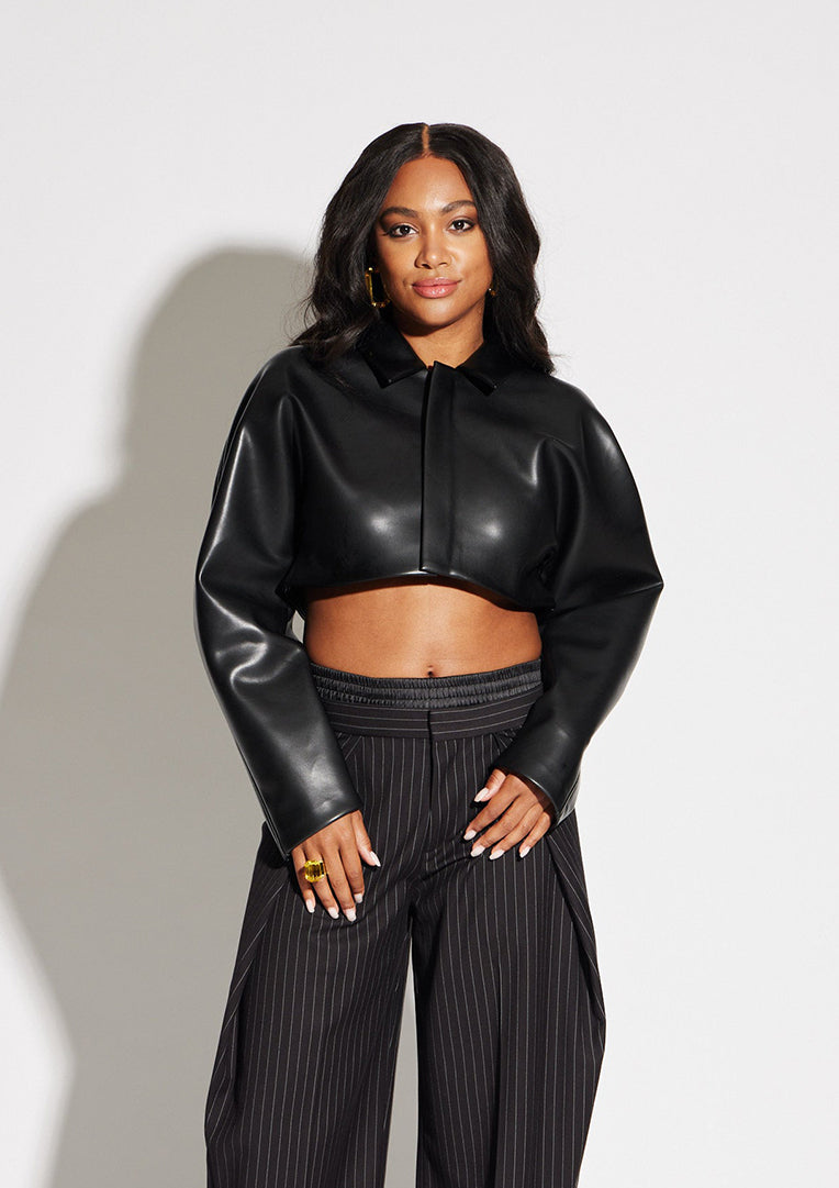 ジャケット・アウター W FACE VEGAN LEATHER FLARE TOPS Crop_Vegan_Leather_Jacket_A.