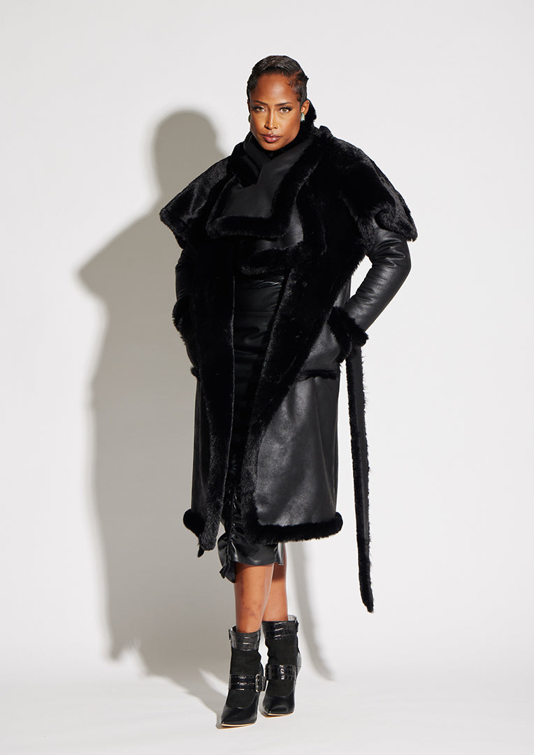 CIRCULAR PATH X WREN + GLORY Maxi Faux Fur & Vegan Leather Reversible Coat
