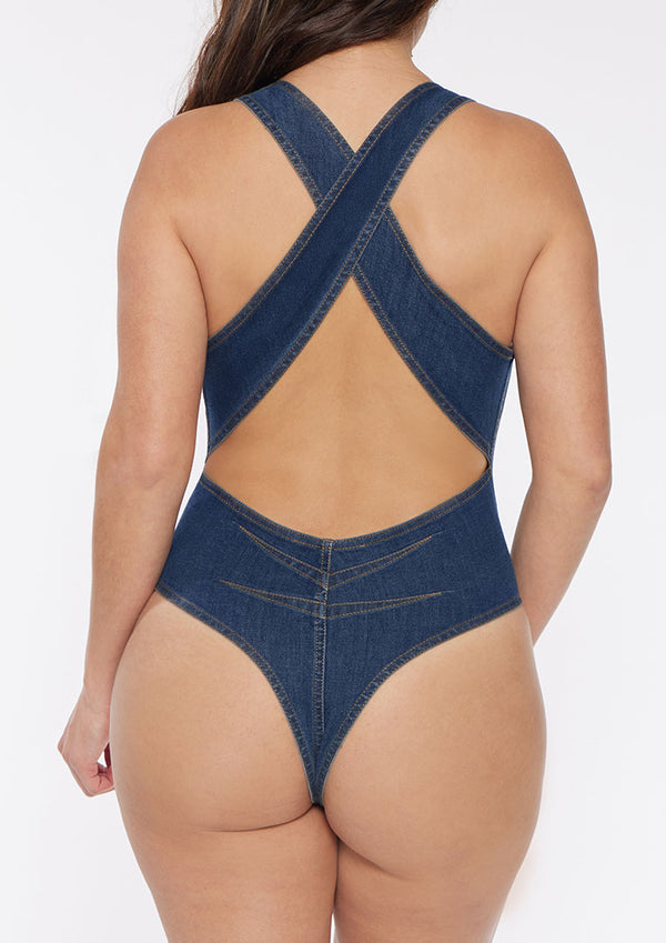 Scoop Neck Criss Cross Bodysuit Top/Swimsuit