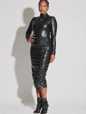 Vegan Leather Ruched Skirt